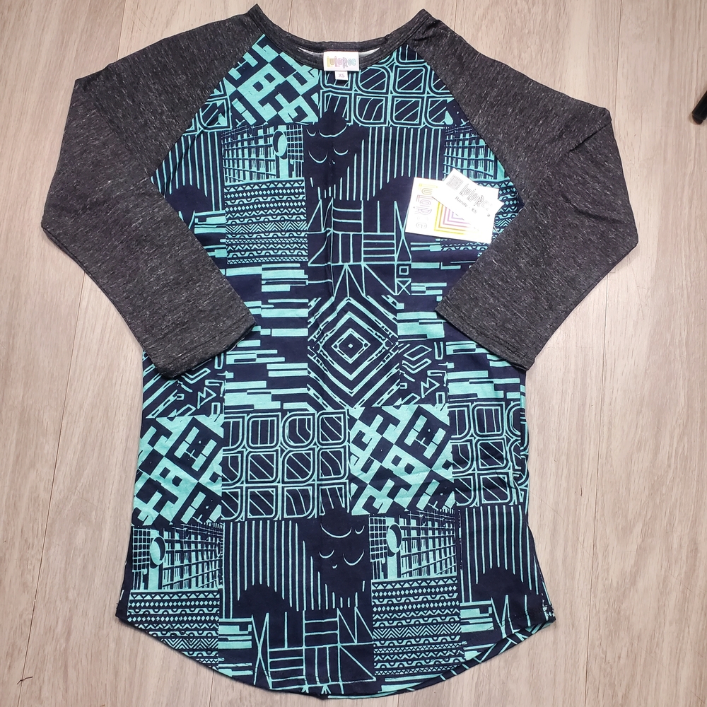 LuLaRoe Teal & Charcoal Geometric Raglan T Shirt Womans XS NEW
